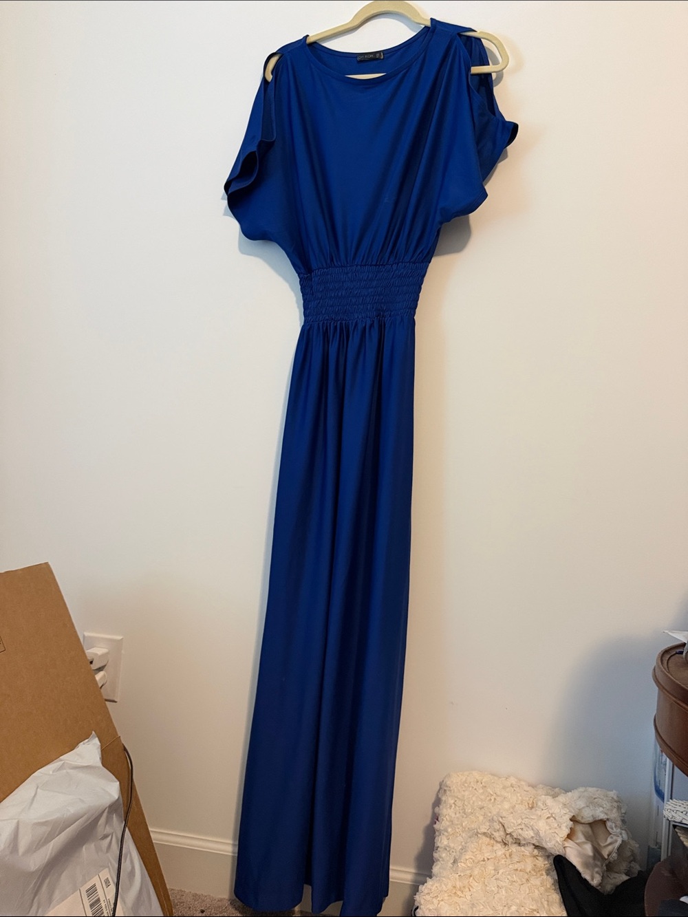 Elegant Royal Blue Maxi Dress with Smocked Waist and Cold-Shoulder Sleeves